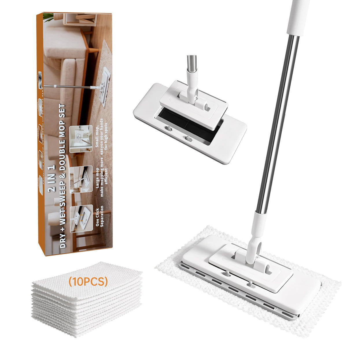 2‑in‑1 Snap Grip Mini Mop with 5 Reusable Cloths, Zero Touch No Wash Lazy Mop, Suitable for Wet/Dry Floors, House Wall, Windows, Corners,Versatile and Efficient