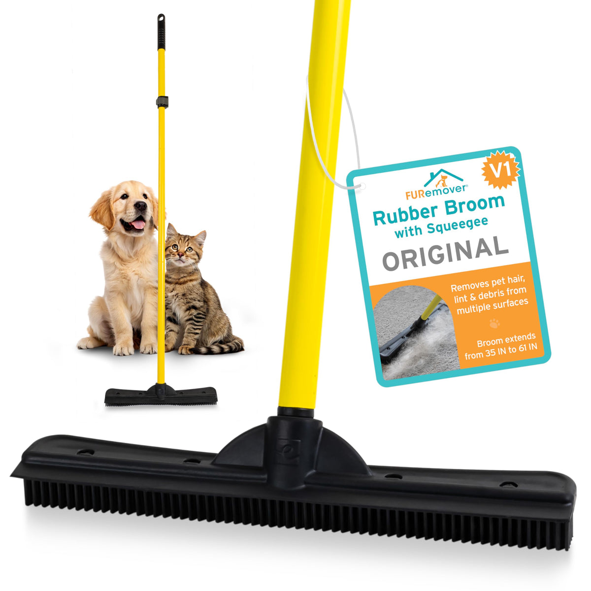 FURemover Pet Hair Removal Rubber Broom, 58" Telescopic Handle