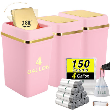 Pink Bathroom Trash Can with Lid 4 Gallon Trash Can Bedroom Trash Can Small Garbage Can with 150 Counts Trash Bags for Small Bathroom Bedroom Office