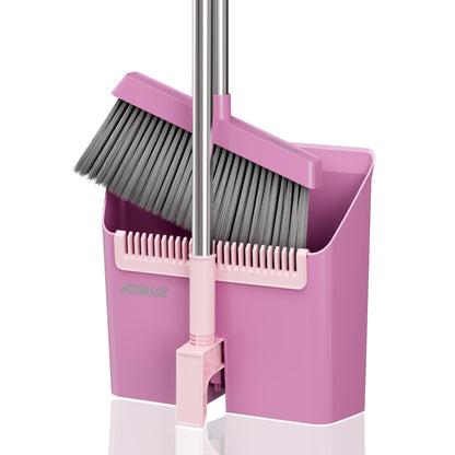 JOYMOOP Black Broom and Dustpan Set, Upright Angle Design with Built-in Comb Teeth for Home, Office, Hardwood Floors, Pet Hair