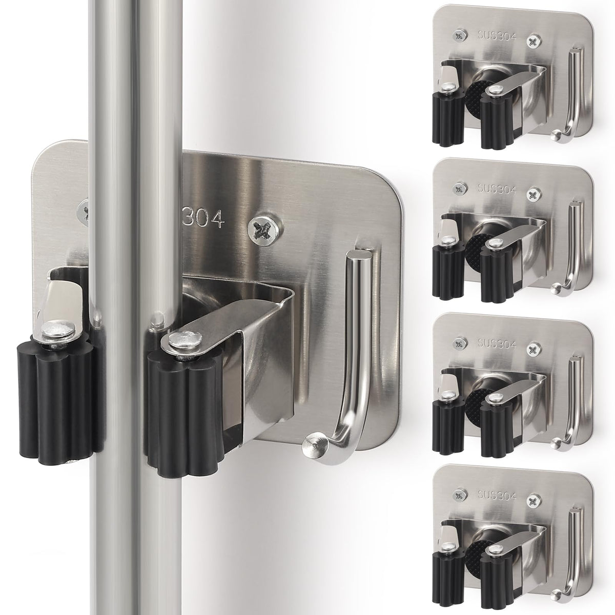 Stainless Steel Broom Holder, Heavy Duty, Rust Resistant, 4 Gripper Positions with 4 Hooks, Black