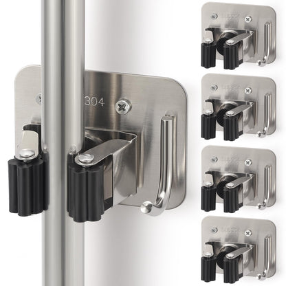 Stainless Steel Broom Holder, Heavy Duty, Rust Resistant, 4 Gripper Positions with 4 Hooks, Black