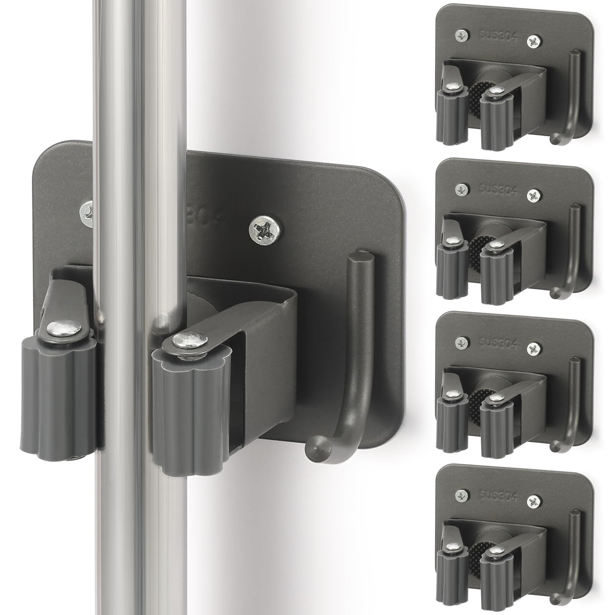 Stainless Steel Broom Holder, Heavy Duty, Rust Resistant, 4 Gripper Positions with 4 Hooks, Black