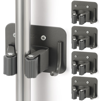 Stainless Steel Broom Holder, Heavy Duty, Rust Resistant, 4 Gripper Positions with 4 Hooks, Black