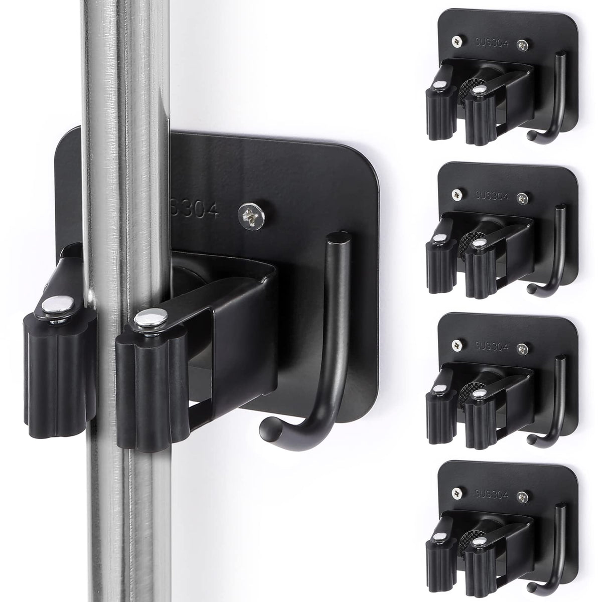 Stainless Steel Broom Holder, Heavy Duty, Rust Resistant, 4 Gripper Positions with 4 Hooks, Black