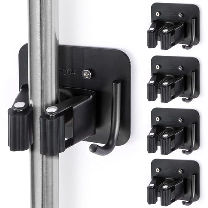 Stainless Steel Broom Holder, Heavy Duty, Rust Resistant, 4 Gripper Positions with 4 Hooks, Black