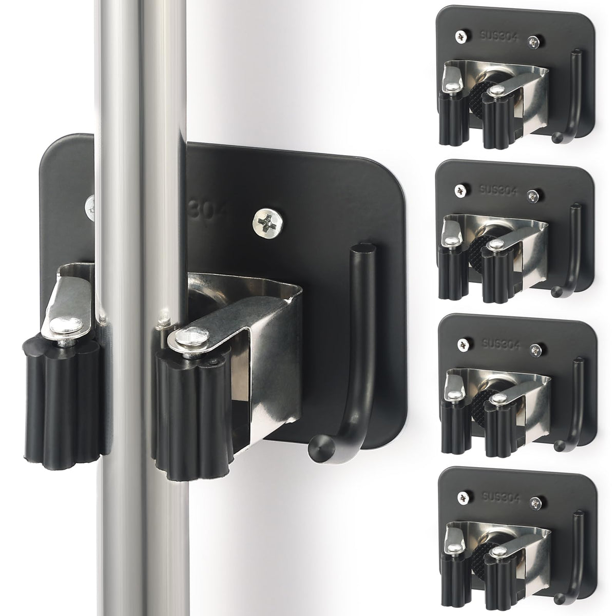 Stainless Steel Broom Holder, Heavy Duty, Rust Resistant, 4 Gripper Positions with 4 Hooks, Black