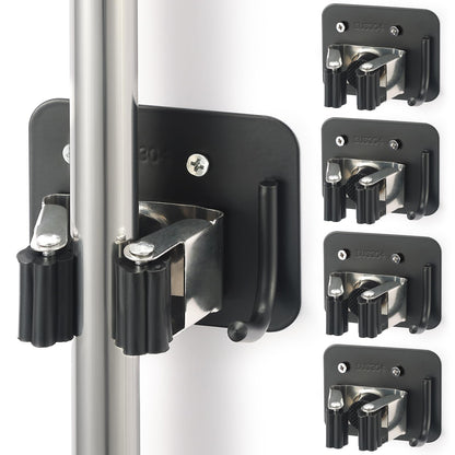 Stainless Steel Broom Holder, Heavy Duty, Rust Resistant, 4 Gripper Positions with 4 Hooks, Black
