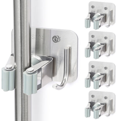 Stainless Steel Broom Holder, Heavy Duty, Rust Resistant, 4 Gripper Positions with 4 Hooks, Black
