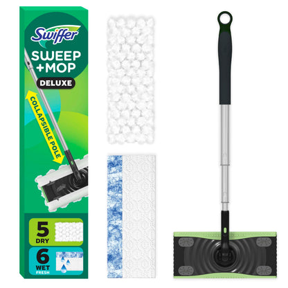 Swiffer Hair Magnet Deluxe Starter Kit with Collapsible Pole, 9 Hair Magnet Dry Cloths, 2 Bonus Mop & Go Wet Cloths
