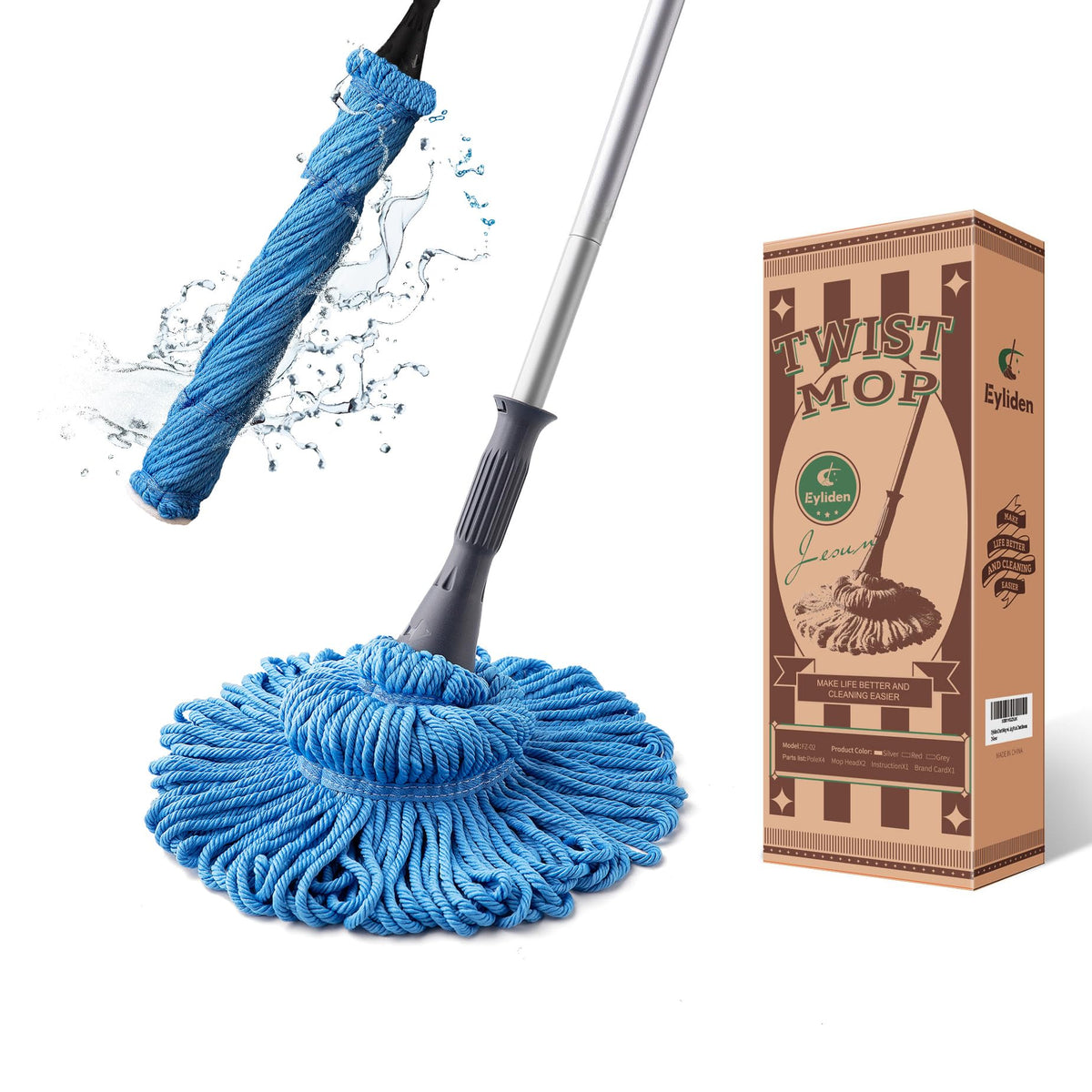 Eyliden Mop with 2 Reusable Microfiber Heads, Easy Wringing Twist Mop