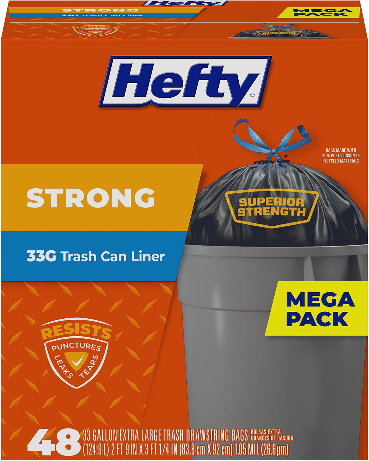Hefty Strong 33 Gallon Trash Bags with Drawstrings, Black, Unscented, 48ct